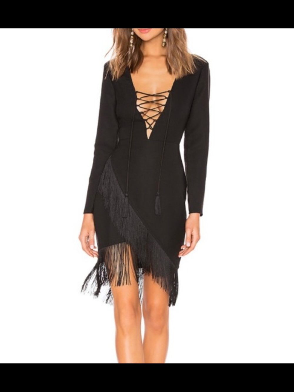 Black Lace-Up Fringe Long Sleeve Dress